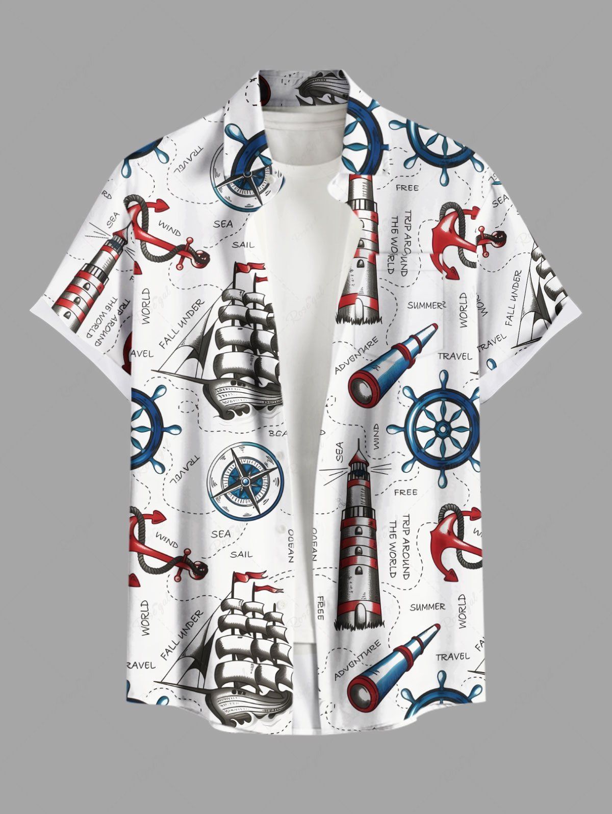 Trendy Plus Size Sailboat Anchor Rudder Cruise Print Buttons Pocket Hawaii Shirt For Men  