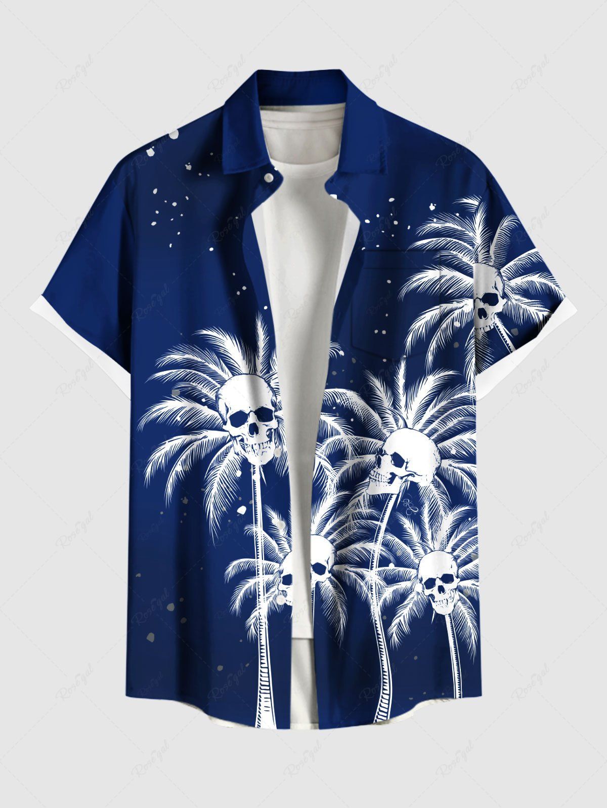 Online Plus Size Coconut Tree Skulls Paint Splatter Print Buttons Pocket Hawaii Shirt For Men  