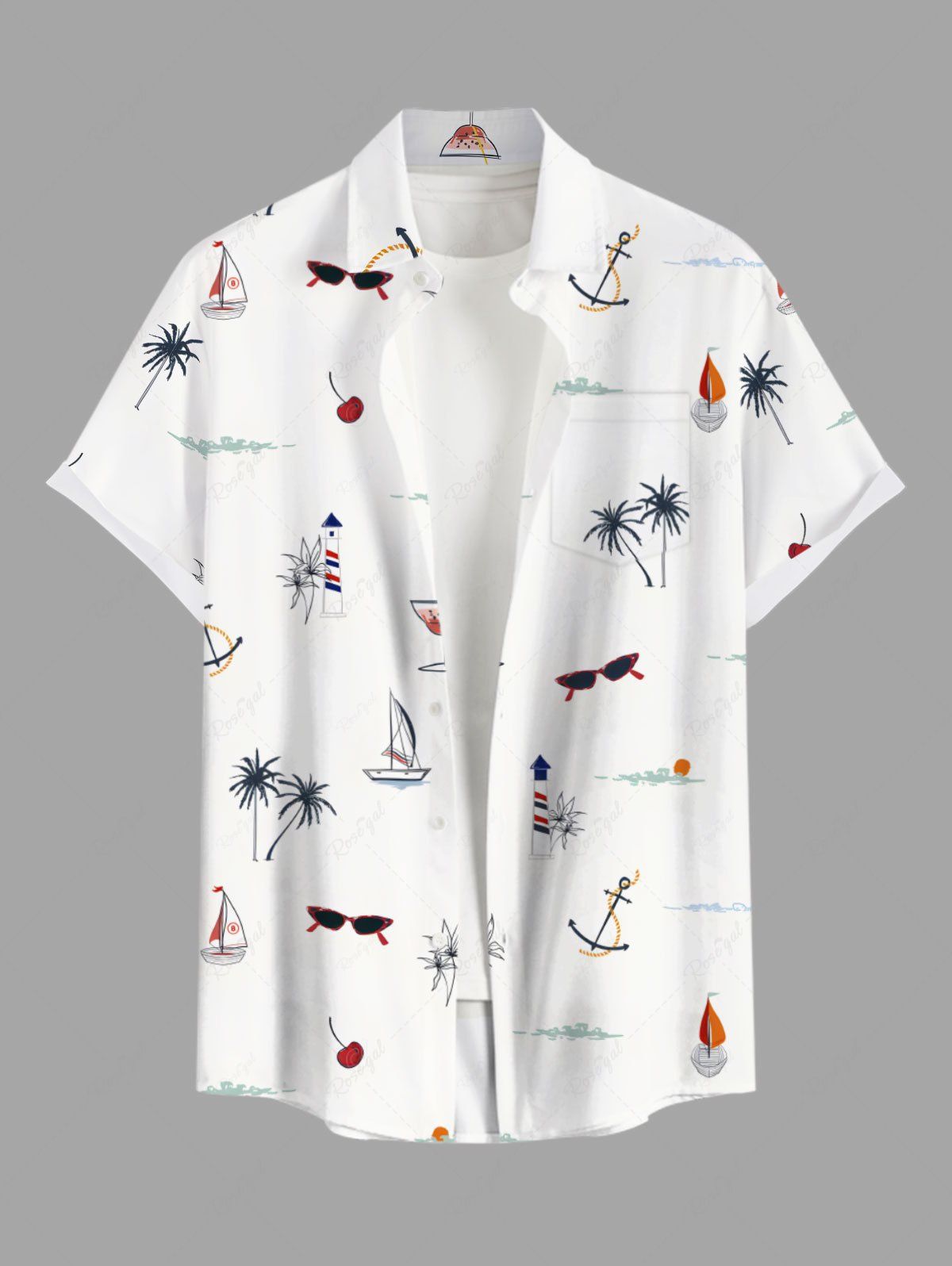 Sale Plus Size Coconut Tree Lighthouse Sunglasses Fruit Juice Print Buttons Pocket Hawaii Shirt For Men  