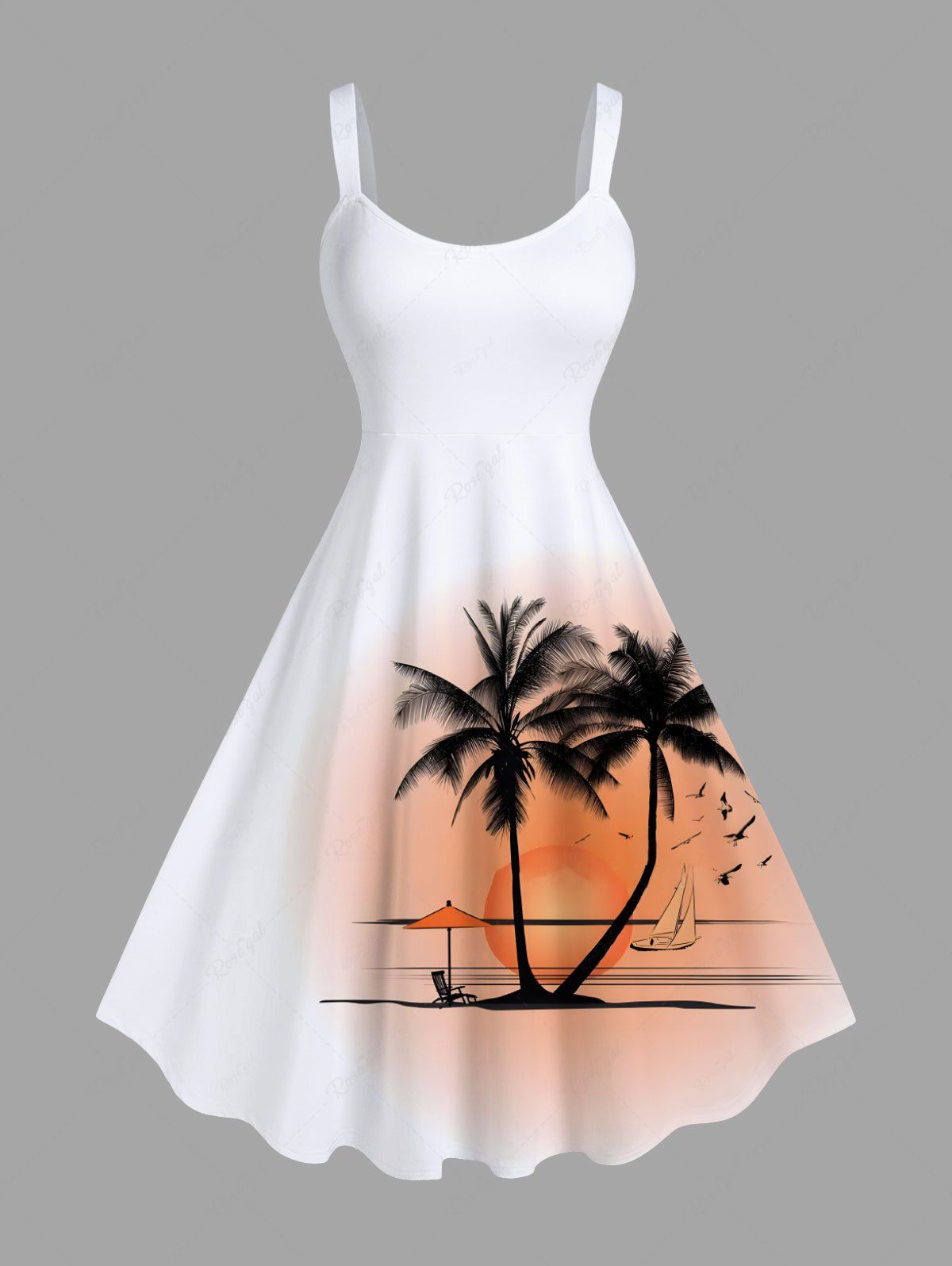 New Plus Size Coconut Tree Sun Boat Seascape Print Hawaii Tank Dress  