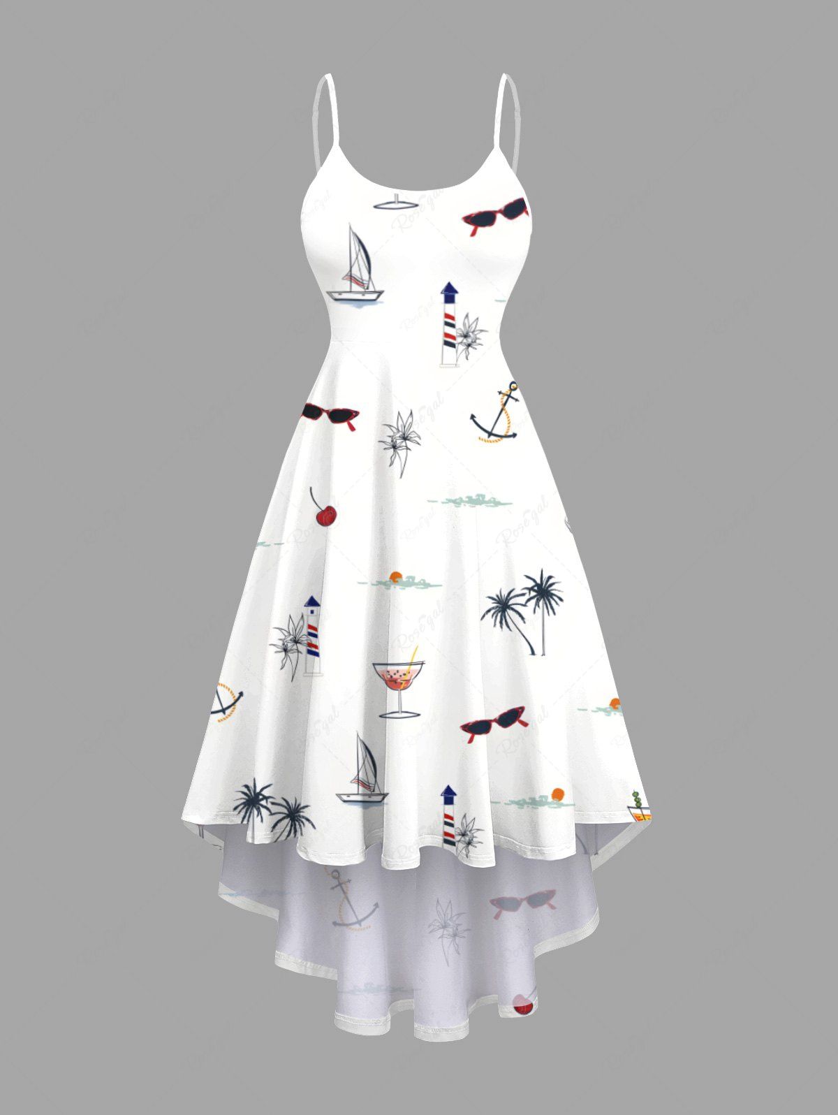 Trendy Plus Size Coconut Tree Lighthouse Sunglasses Fruit Juice Print High Low Hawaii Cami Dress  