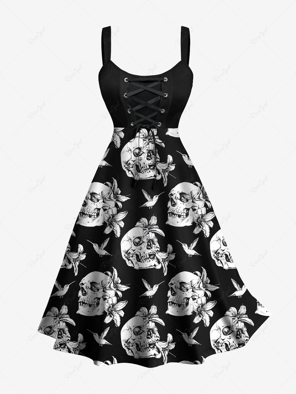 Chic Plus Size Skulls Flowers Bird Print Lace Up Panel Tank Dress  