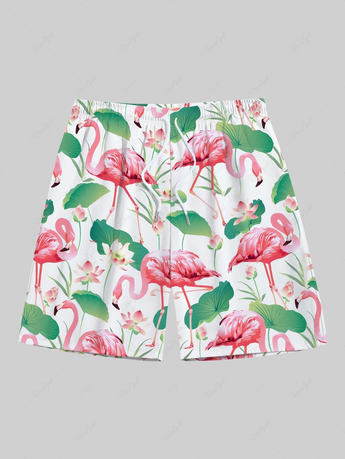 Shop Plus Size Flamingo Lotus Flower Leaf Print Hawaii Drawstring Beach Shorts For Men  