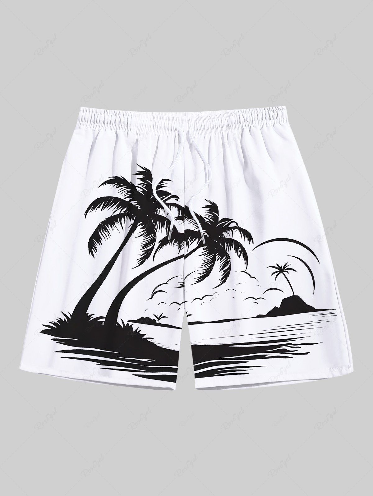 Trendy Plus Size Coconut Tree Bird Seascape Print Hawaii Beach Shorts For Men  