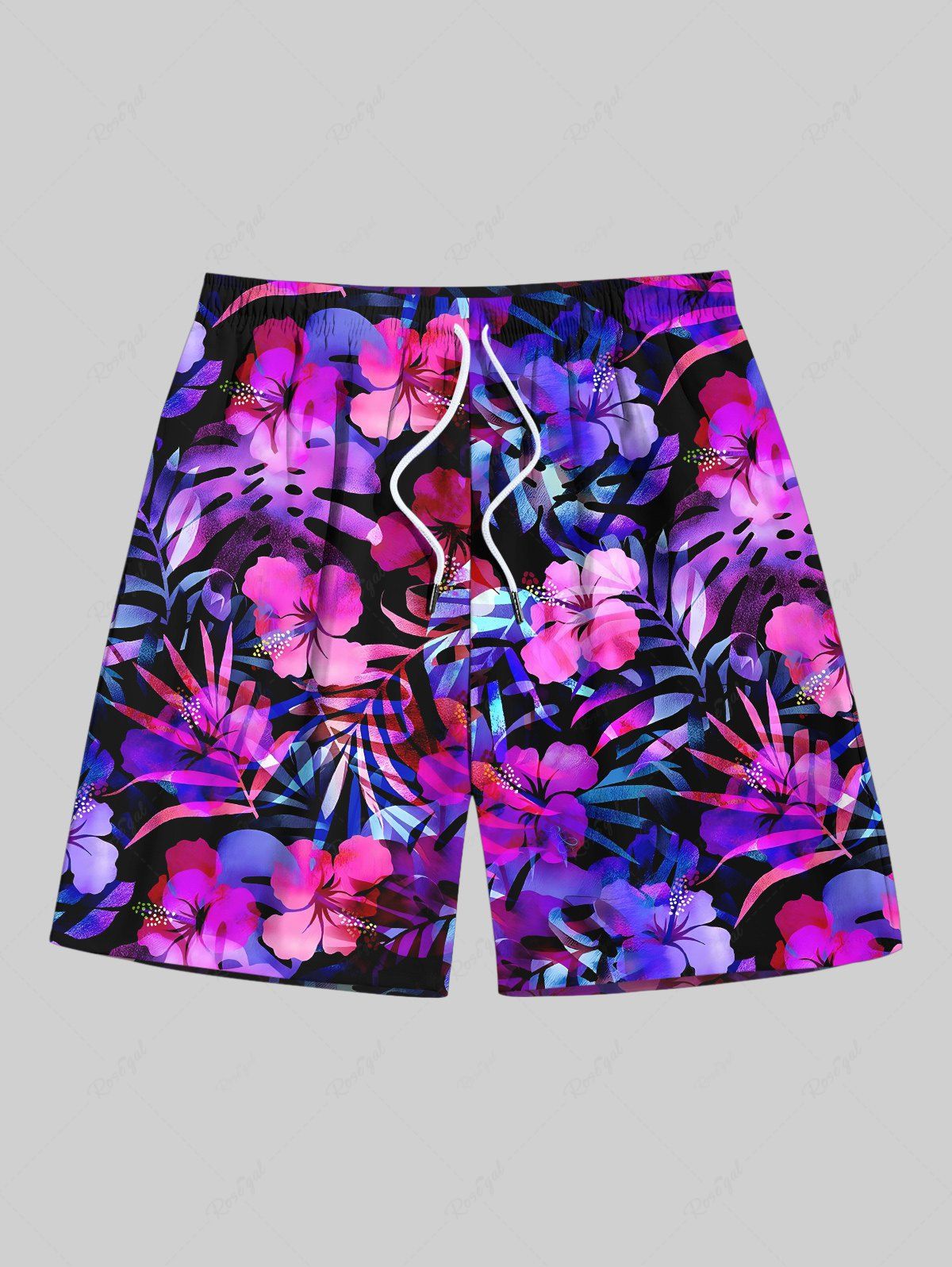 Store Plus Size Tropical Leaf Hibiscus Flower Print Hawaii Beach Shorts For Men  