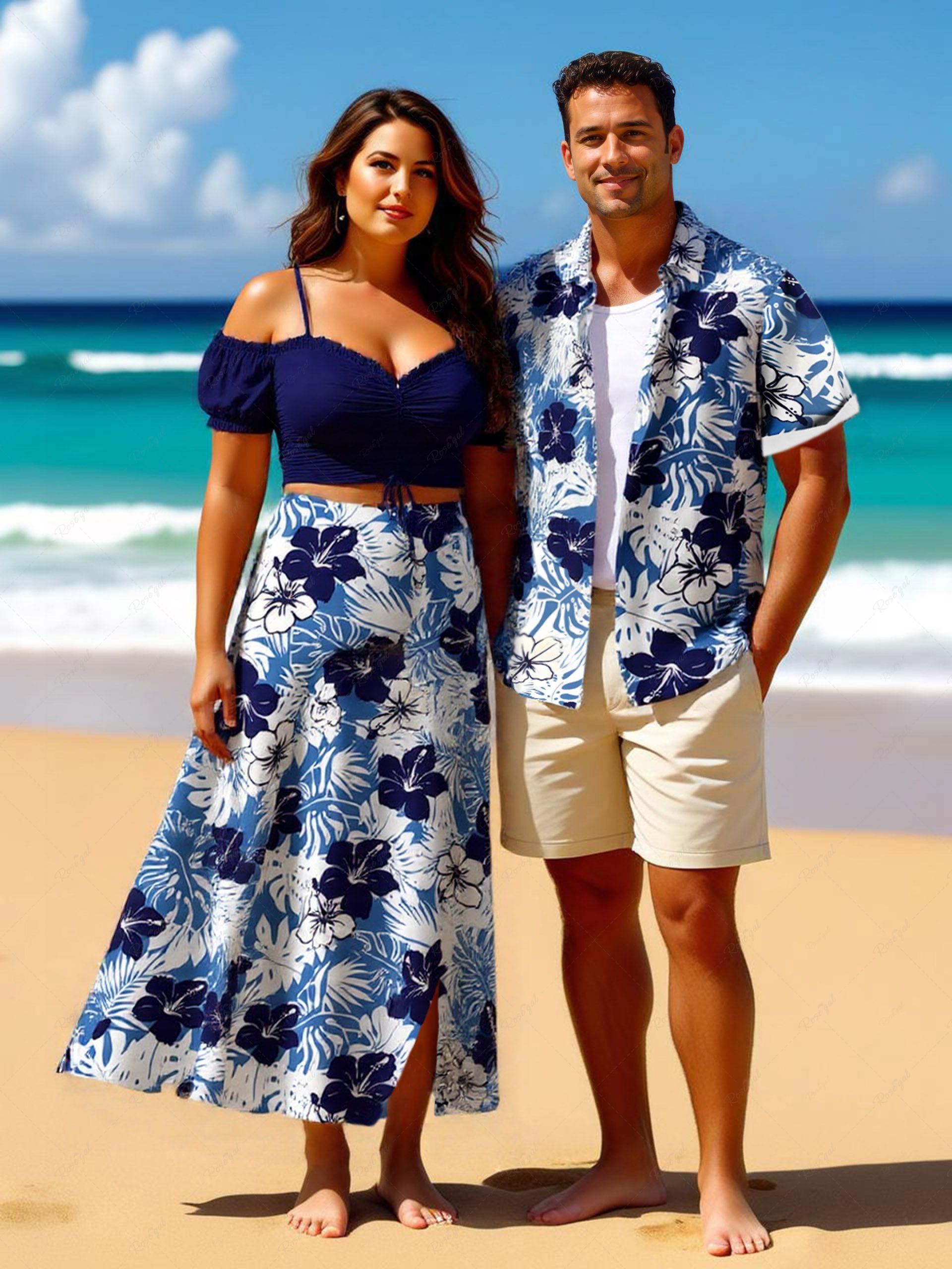 New Floral Tropical Leaves Print Plus Size Matching Hawaii Beach Outfit For Couples  