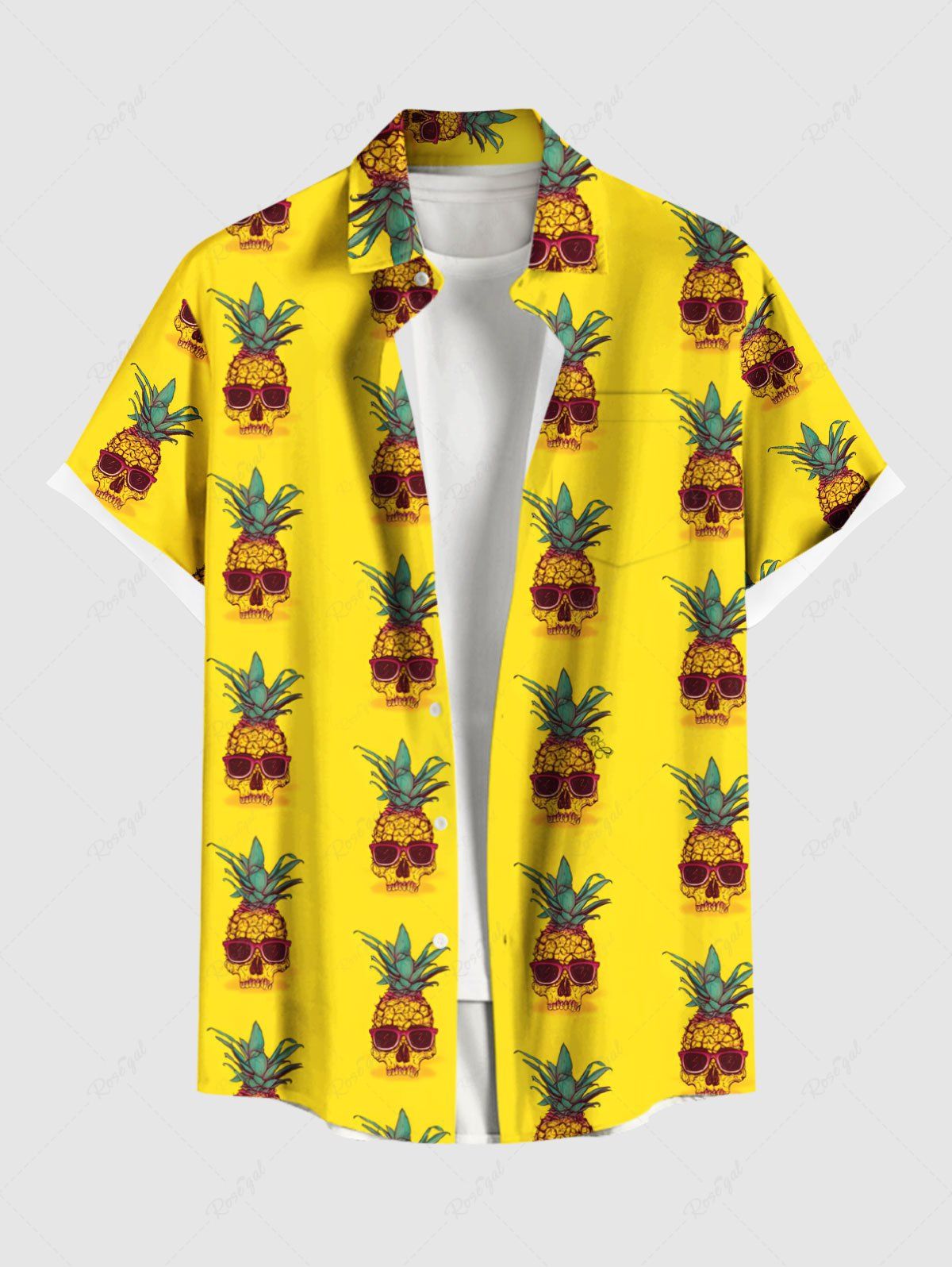 Hot Plus Size Pineapple Skulls Print Buttons Pocket Hawaii Shirt For Men  