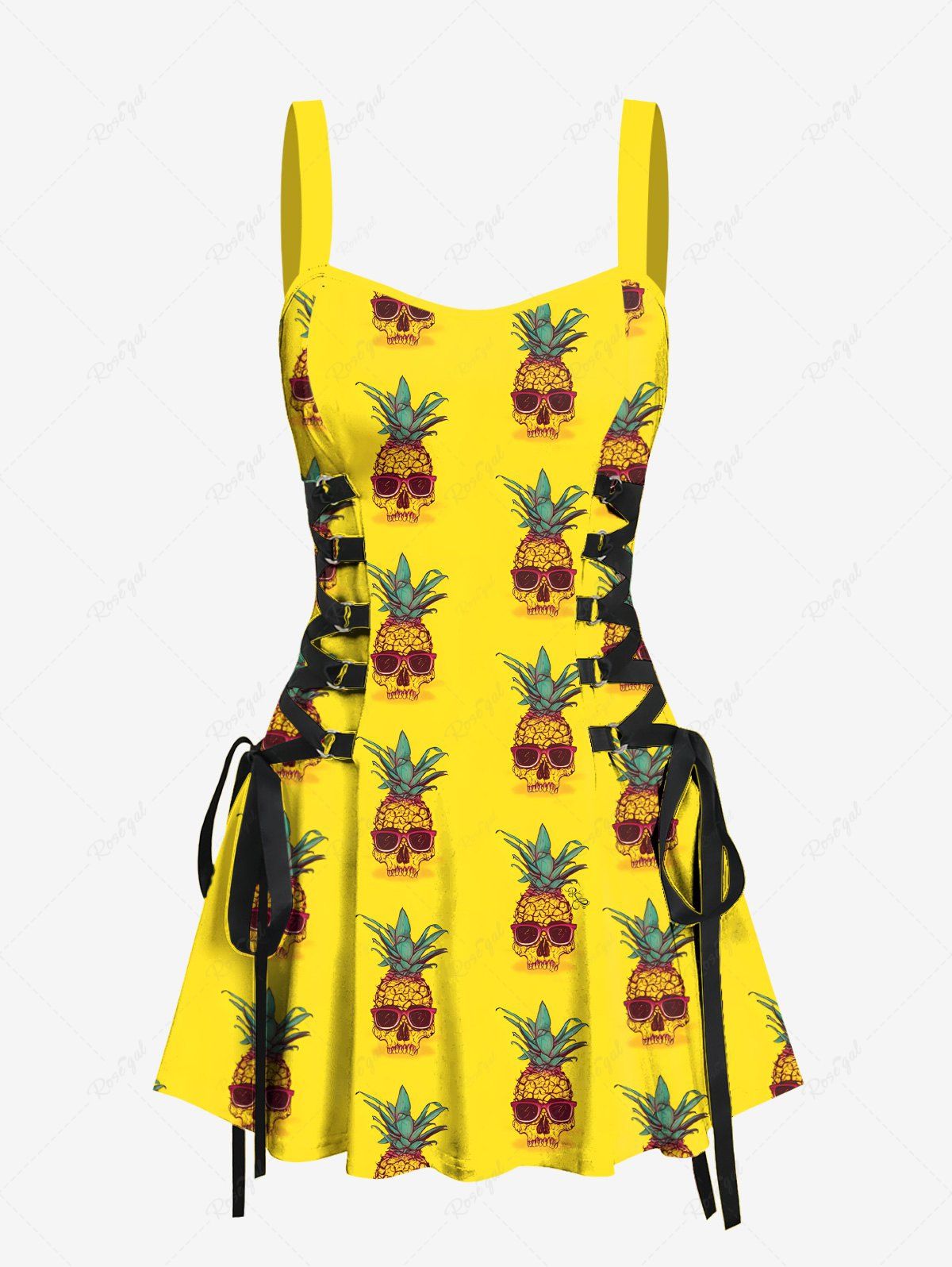 Store Pineapple Skulls Print Lace Up Hawaii Tank Dress  