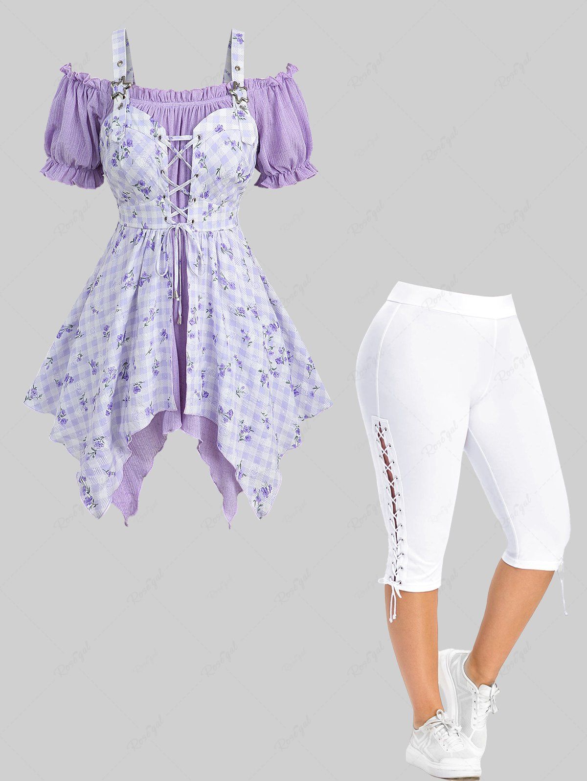 Flowers Plaid Print Lace Up Asymmetrical Cold Shoulder Blouse and Lace Capri Pants Plus Size Outfit