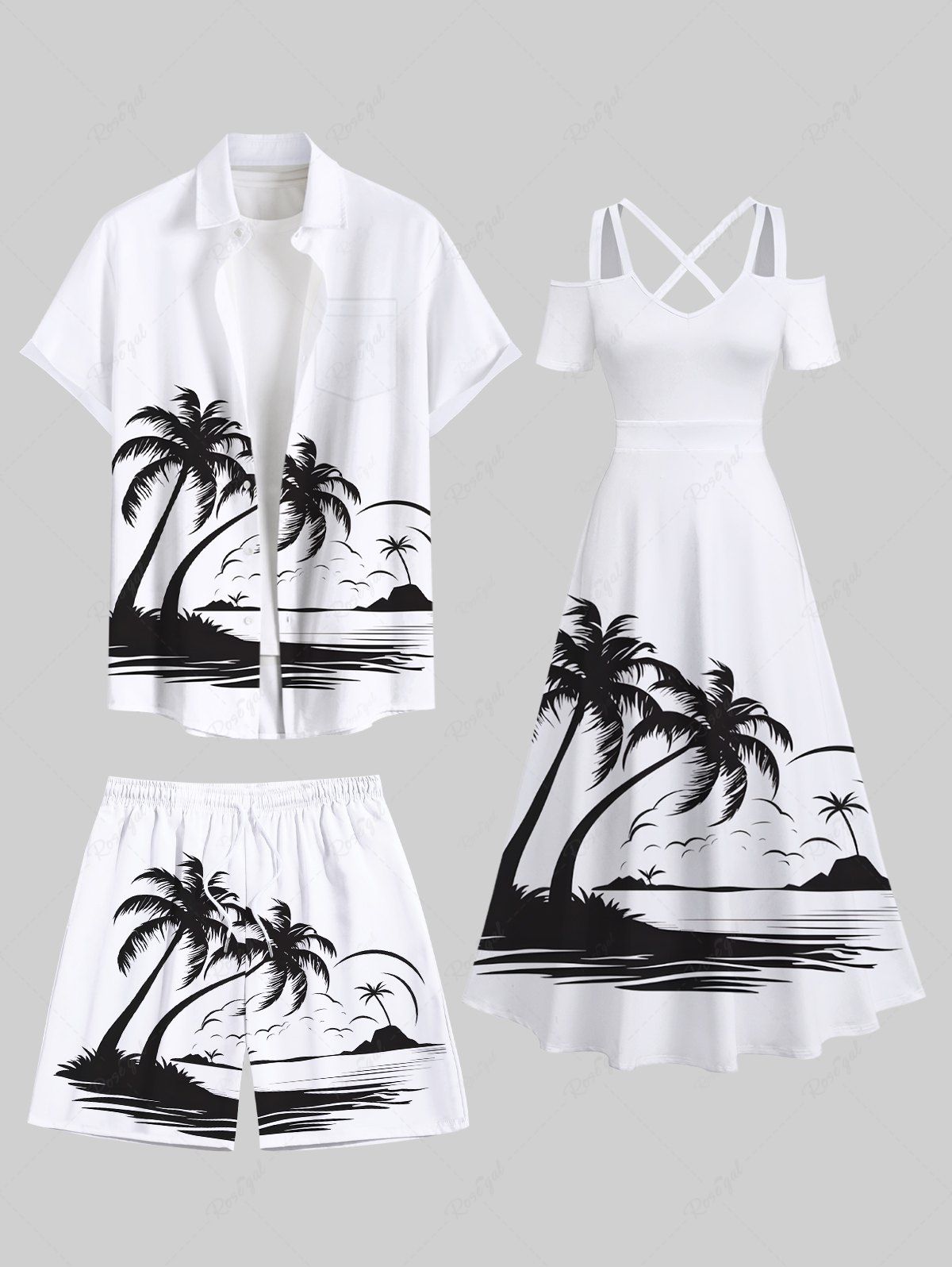 Rouleau Grande Taille Transparent Imprimé Cocotiers et Vagues Marines pour la Plage Blanc 