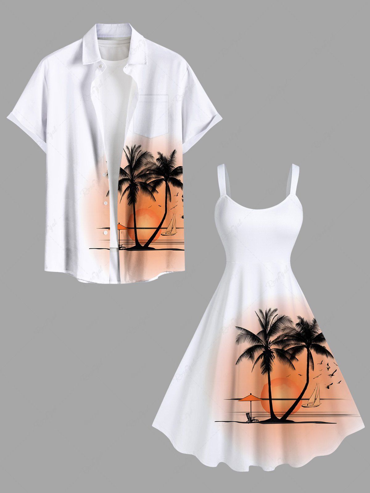 Tenue de Plage Grande Taille Imprimé Cocotiers et Paysage Marin Blanc 
