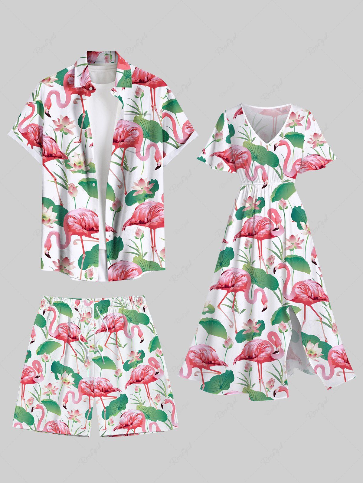 Tenue de plage hawaïenne assortie grande taille à imprimé flamant rose, fleur de lotus et feuilles pour couples Rose clair 