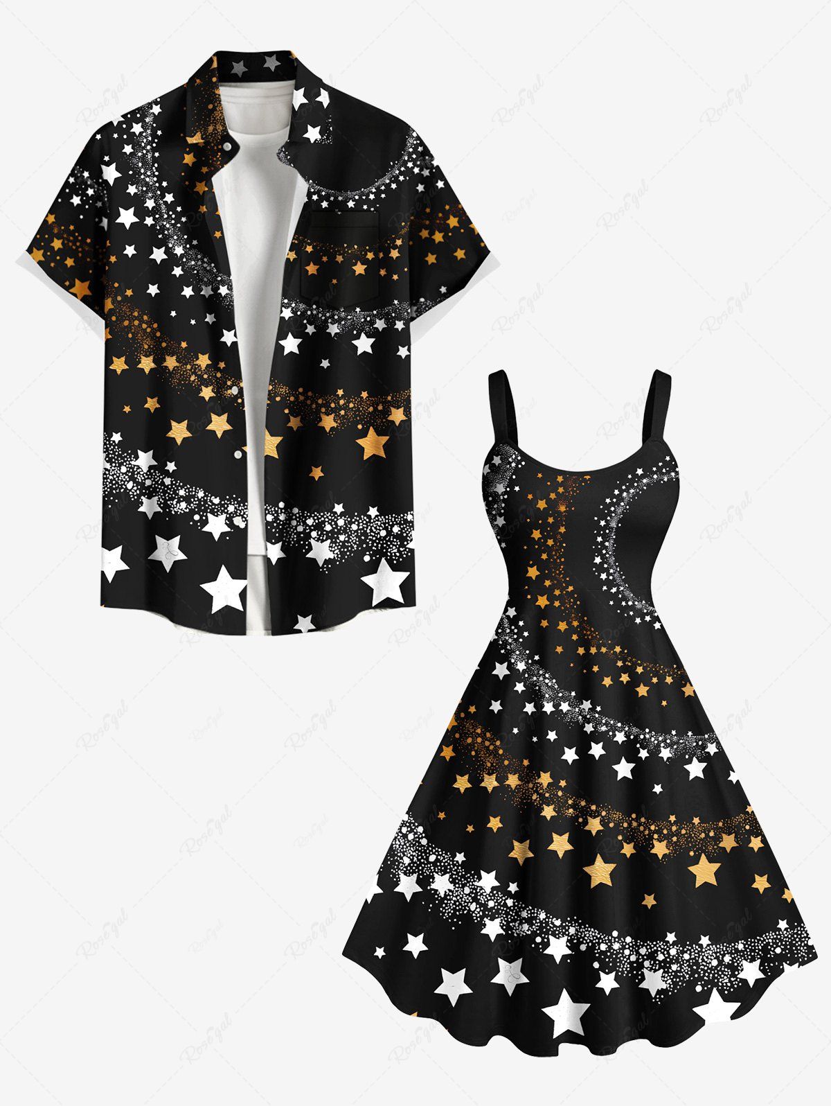 Cheap Two Tone Stars Galaxy Print Shirt and Dress Plus Size Matching Outfit For Couples  