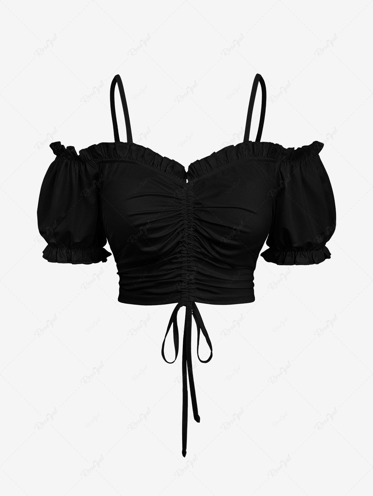 Latest Plus Size Cold Shoulder Puff Sleeve Cinched Solid Cami Top  