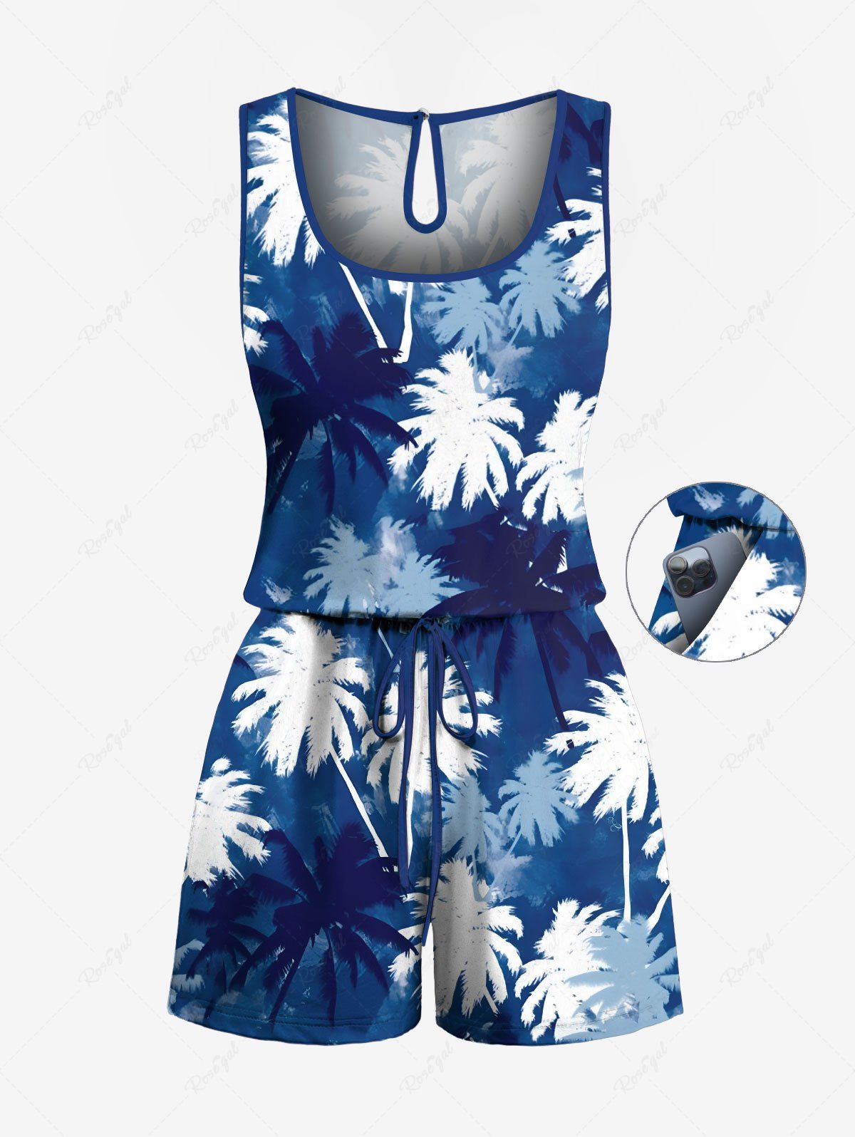 Combinaison Short Hawaïen Ombrée Cocotier Imprimé de Grande Taille avec Poche à Cordon Bleu 2X