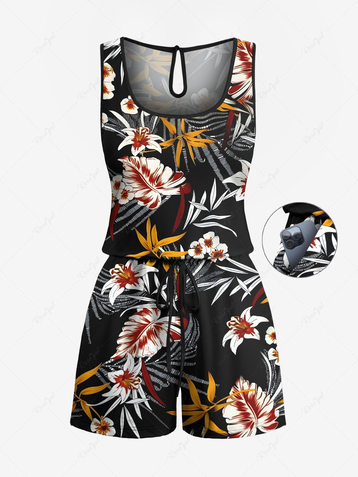 Outfit Plus Size Tropical Leaves Floral Print Hawaii Drawstring Button Jumpsuit  