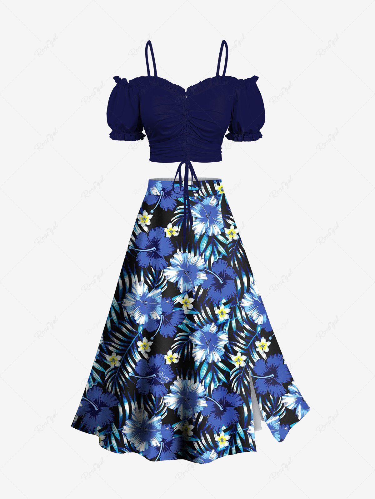Latest Cinched Solid Cami Top and Tropical Leaf Flower Print Hawaii Split A Line Skirt Plus Size Matching Set  