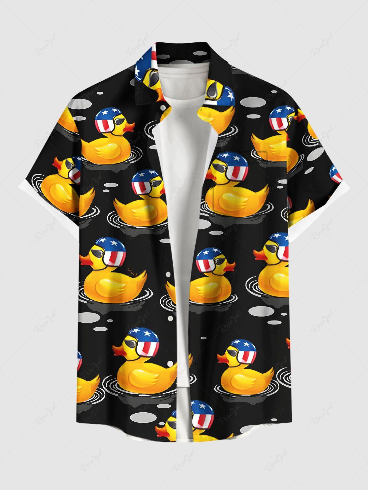 Chic Plus Size Patriotic American Flag Duck Print Hawaii Button Pocket Shirt For Men  