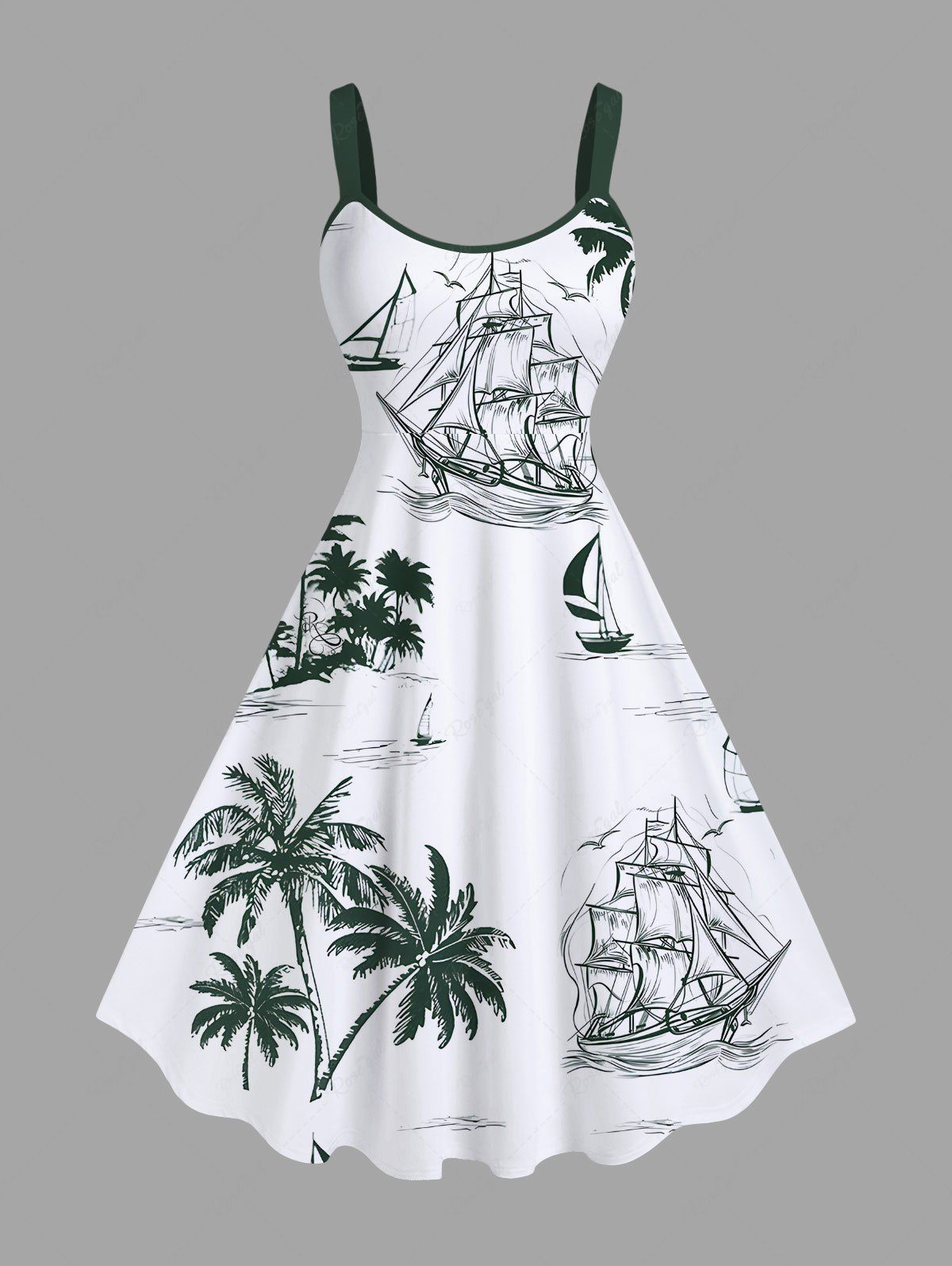 Fashion Plus Size Coconut Tree Sailboat Cruise Print Hawaii A Line Tank Dress  