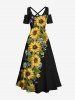 Plus Size Sunflowers Leaf Print Cold Shoulder Crisscross Hawaii Maxi Dress -  