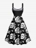 Plus Size Skulls Flowers Bird Print Lace Up Panel Tank Dress -  
