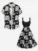 Plus Size Skulls Flowers Bird Print Lace Up Panel Tank Dress -  