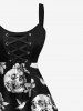 Plus Size Skulls Flowers Bird Print Lace Up Panel Tank Dress -  