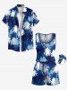 Combinaison Short Hawaïen Ombrée Cocotier Imprimé de Grande Taille avec Poche à Cordon - Bleu 2X