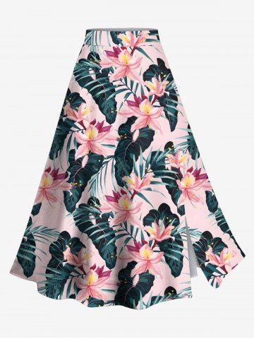 Plus Size Tropical Flower Leaf Print Split Hawaii Skirt - LIGHT PINK - XS