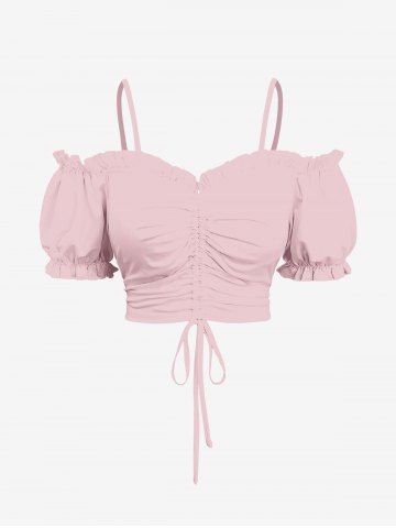 Plus Size Cinched Ruched Ruffles Cold Shoulder Cami Top - LIGHT PINK - L