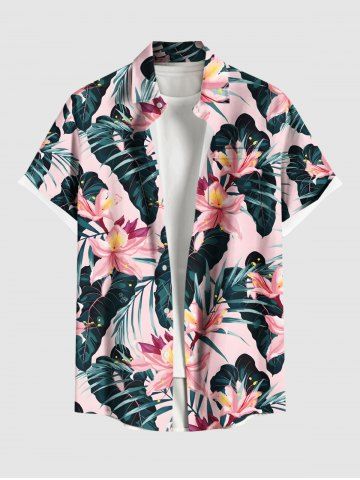 Plus Size Tropical Flower Leaf Print Buttons Pocket Hawaii Shirt For Men - LIGHT PINK - M