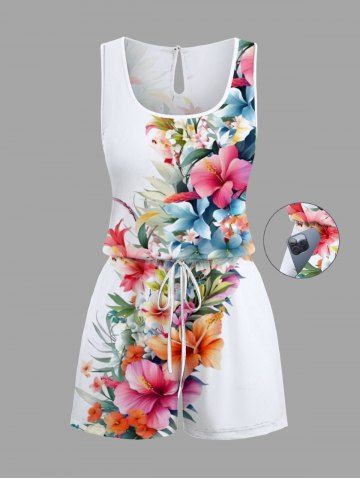 Plus Size Flowers Tropical Leaf Print Cinched Pocket Hawaii Romper - WHITE - S