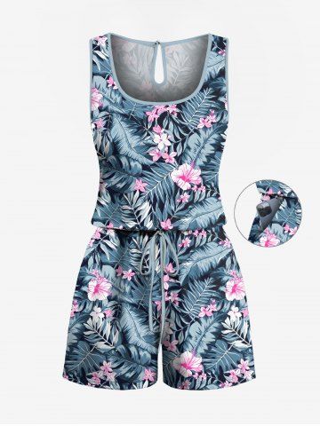 Plus Size Tropical Leaf Hibiscus Flower Print Cinched Hawaii Romper - BLUE - 4X