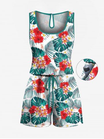 Plus Size Tropical Leaf Flower Print Cinched Hawaii Romper - GREEN - M