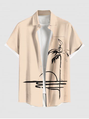 Plus Size Coconut Tree Sun Sea Hand-painted Print Hawaii Button Pocket Shirt For Men - LIGHT COFFEE - XL