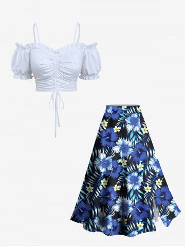 Cinched Solid Ruffles Cropped Top and Tropical Leaves Floral Print Hawaii Split A Line Skirt Plus Size Matching Set - WHITE
