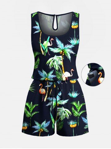 Plus Size Coconut Tree Flamingo Print Hawaii Drawstring Pocket Romper - BLACK - XS