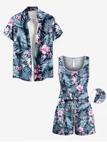 Matching Hawaii Shirt and Romper Plus Size Beach Outfit Tropical Leaf Hibiscus Printed for Couples
