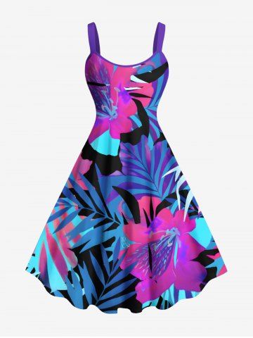Plus Size Tropical Leaf Hibiscus Flowers Print Hawaii Tank Dress - PURPLE - XXS