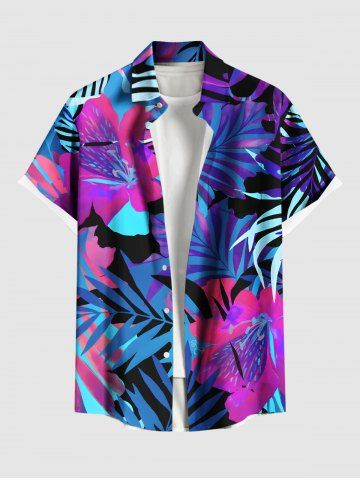 Plus Size Tropical Leaf Hibiscus Flowers Print Buttons Pocket Hawaii Shirt For Men - PURPLE - 5XL