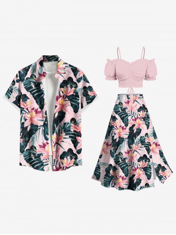Tropical Flower Leaf Print Plus Size Matching Hawaii Beach Outfit For Couples