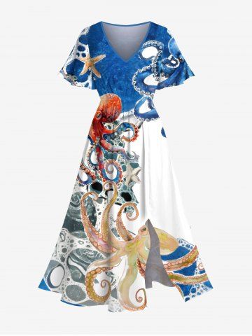 Plus Size Colorful Octopus Sea Waves Print Hawaii Split Pocket A Line Midi Dress - SKY BLUE - S