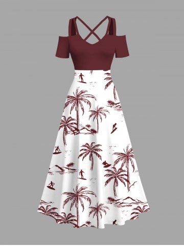 Plus Size Coconut Tree Surfer Print Hawaii Cold Shoulder Crisscross Strappy A Line Maxi Dress - RED - 6X