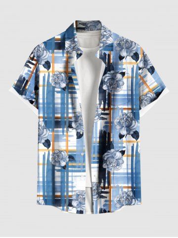 Plus Size Flower Ink Painting Plaid Colorblock Print Hawaii Button Pocket Shirt For Men - BLUE - 5XL