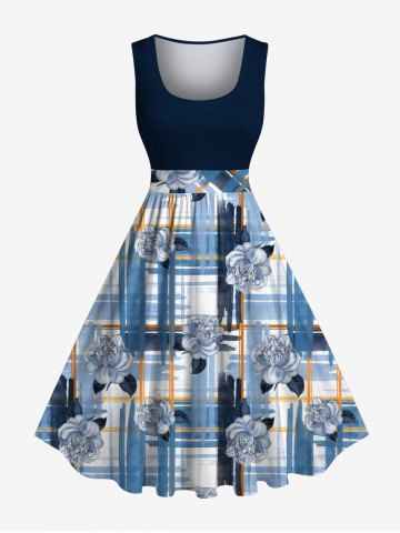 Plus Size Flower Ink Painting Plaid Colorblock Print Hawaii Vintage Swing A Line Dress - BLUE - 5X