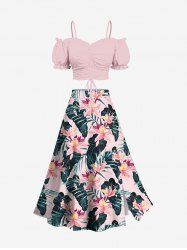 Cinched Ruffles Ruched Cold Shoulder Cami Top and Tropical Flower Leaf Print Split Hawaii Skirt Plus Size Matching Set -  