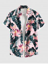 Plus Size Tropical Flower Leaf Print Buttons Pocket Hawaii Shirt For Men -  