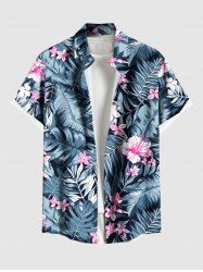 Chemise Décontractée Fleur Feuille D'Hibiscus et Feuille Tropicale Imprimées de Grande Taille avec Poche - Bleu 6XL