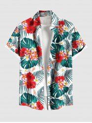 Plus Size Tropical Leaf Flower Print Buttons Pocket Hawaii Shirt For Men -  