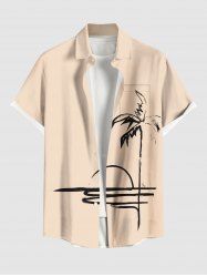 Plus Size Coconut Tree Sun Sea Hand-painted Print Hawaii Button Pocket Shirt For Men -  